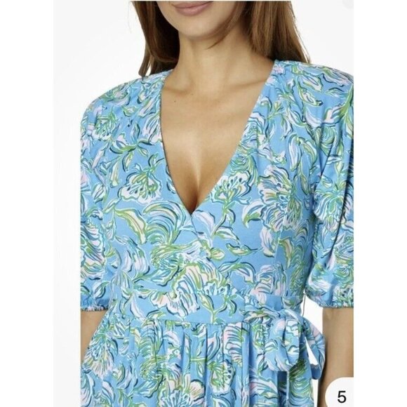 Lilly Pulitzer Brantley Midi Wrap Dress Cumulus Blue Chick Magnet Print Sz Small - Picture 2 of 8